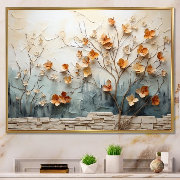 Designart "Peach Grey Maple Tree Maple I" Floral Floater Framed Wall Decor