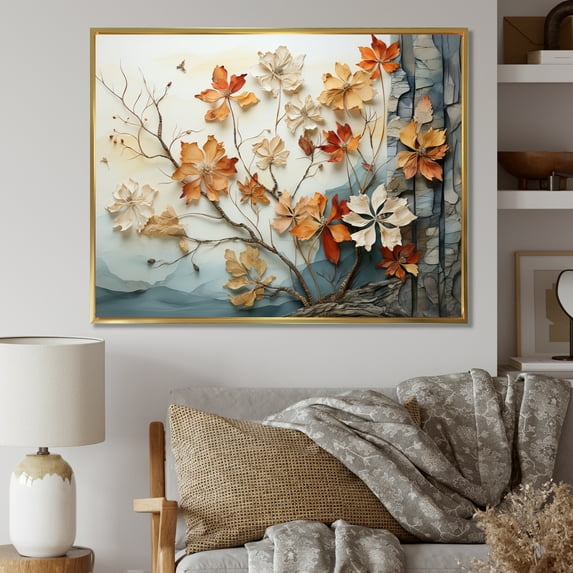 Designart "Peach Grey Maple Tree Maple II" Floral Floater Framed Canvas Art Print