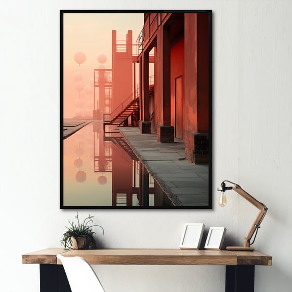 Designart "Peach-Hued Minimalist Industrial Projection" Factories Floater Framed Canvas Wall Art