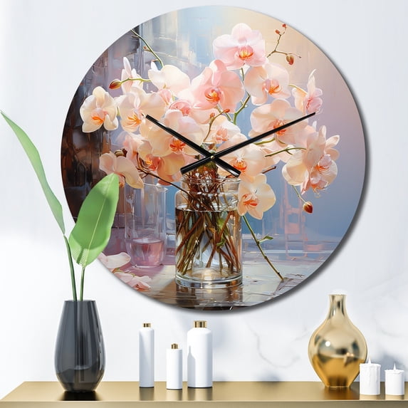 Designart "Peach Orchids love expression I" Floral Oversized Wall Clock
