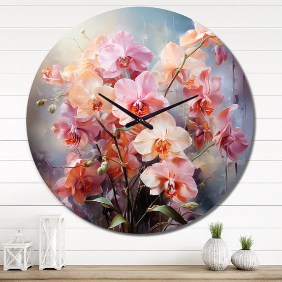 Designart "Peach Orchids love expression II" Floral Oversized Wall Clock