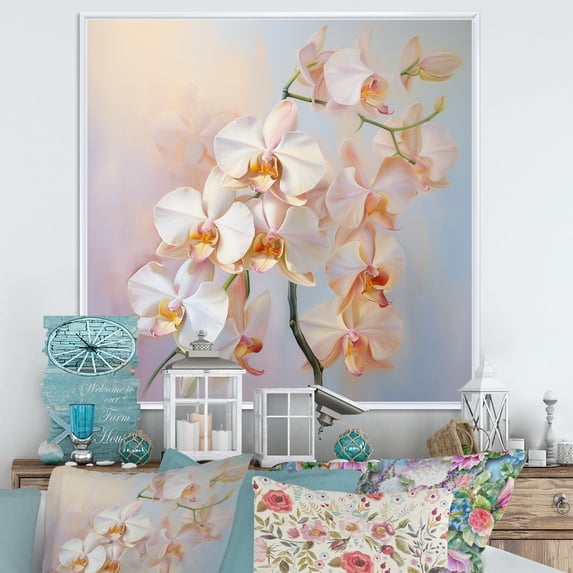 Designart "Peach Orchids love expression III" Floral Floater Framed Wall Decor