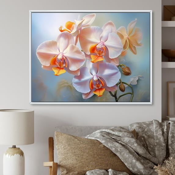 Designart "Peach Orchids love expression IV" Floral Floater Framed Wall Decor