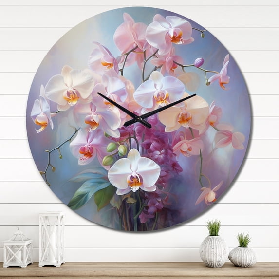 Designart "Peach Orchids love expression V" Floral Oversized Wall Clock