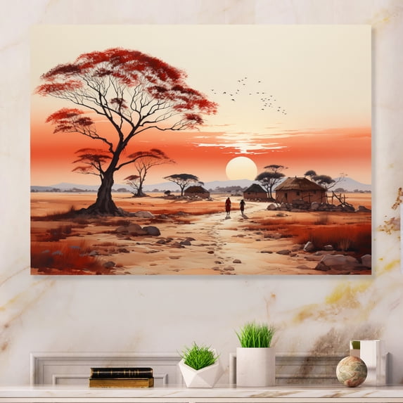Designart "Peach Red African Village Visions Village Life" Africa Metal Art Living Room