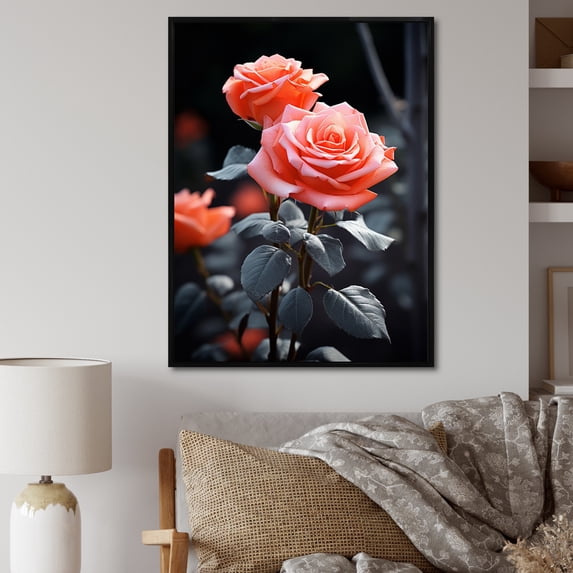 Designart "Peach Roses Coral Charm At Black" Floral Floater Framed Canvas Print