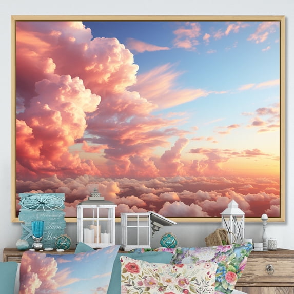 Designart "Peach Sky Photo Skyline Charm" Landscapes Floater Framed Canvas Print