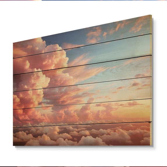Designart "Peach Sky Photo Skyline Charm" Landscapes Print on Natural Pine Wood