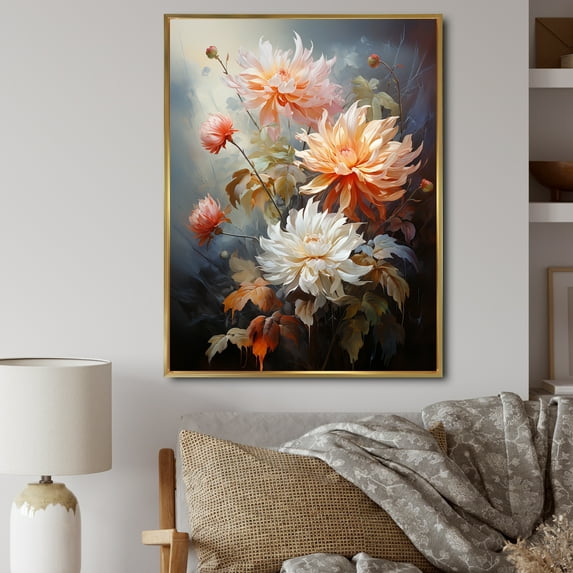 Designart "Peach White Mums love expression I" Floral & Botanical Floater Framed Canvas Print
