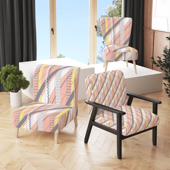 Designart "Peach and Silver Striped Pattern" Upholstered Patterned Accent Chair and Arm Chair