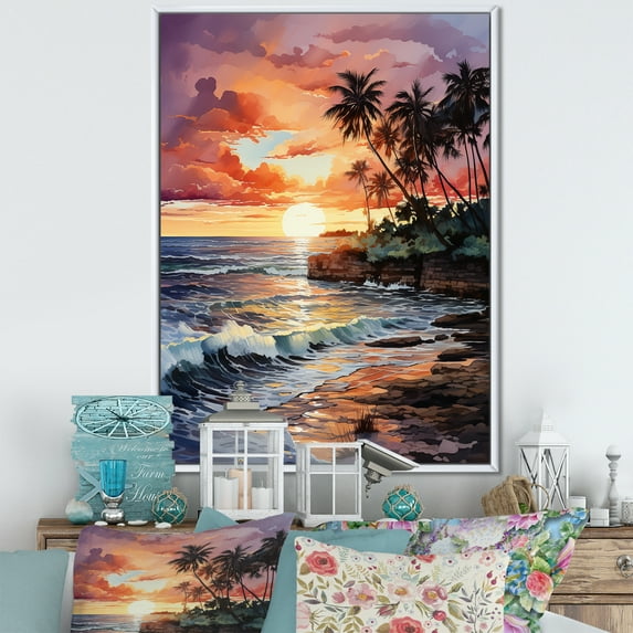 Designart "Peach violet Mexico Cancun Sunsets" Nautical & Beach Floater Framed Wall Decor