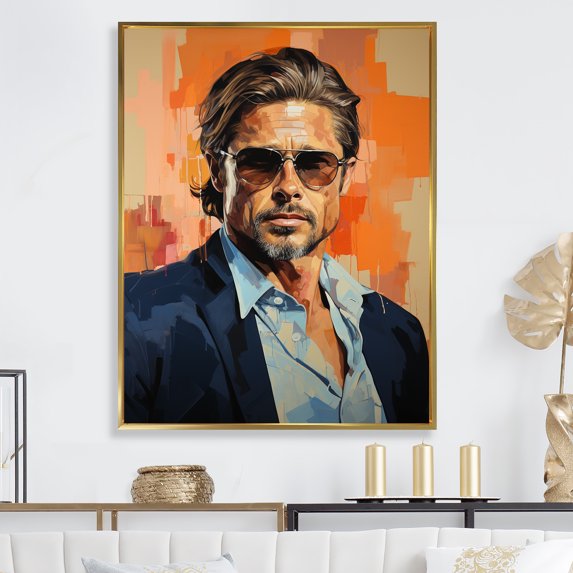 Designart "Peachy Pitt In Pop Art Portrait" Woman Pop Art Floater Framed Canvas Prints