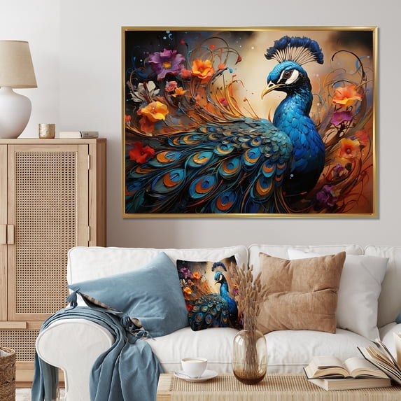 Designart "Peacock Abstract composition I" Animals Floater Framed Wall Art Print