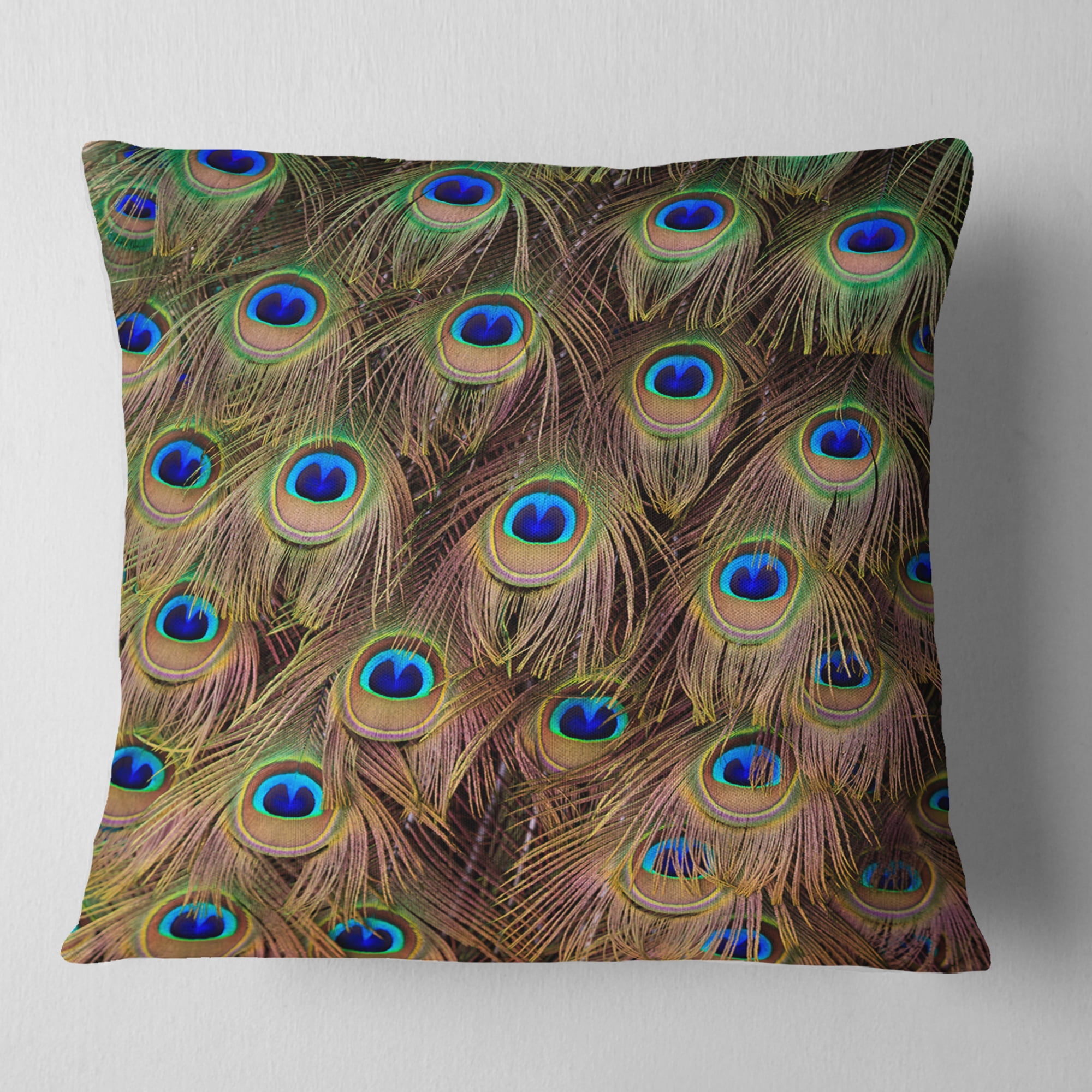 Designart Peacock Bird Tail Feathers in Close Up - Animal Throw Pillow - 16x16