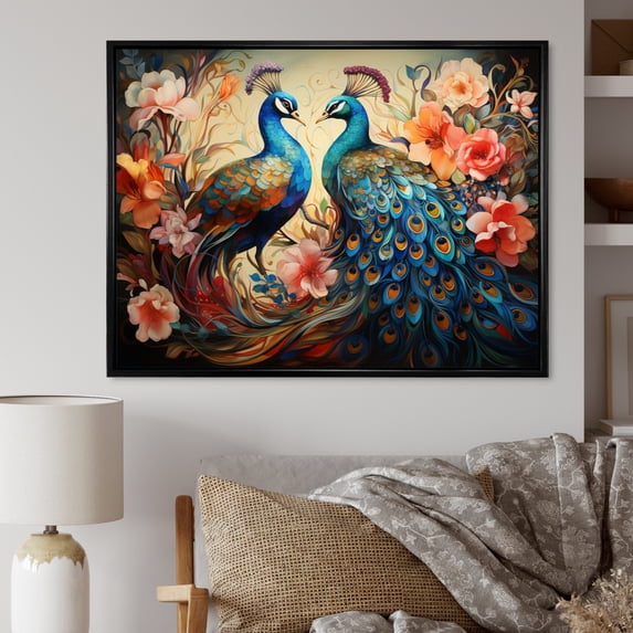 Designart "Peacock Ensemble Blue Coral Indian Art I" Indian Art Floater Framed Canvas Print