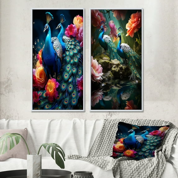 Designart "Peacock Ensemble Blue Coral Indian Art IV" Indian Art Framed Wall Art Set Of 2 - Blue People Gallery Wall Frame Set For Home Decor