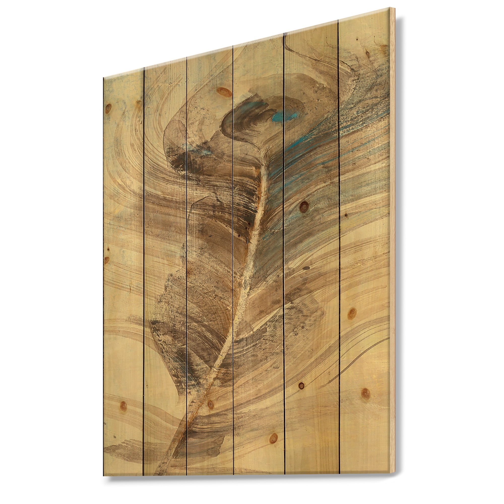 Designart 'Peacock Feather Natural elements' Traditional Print on Natural Pine Wood