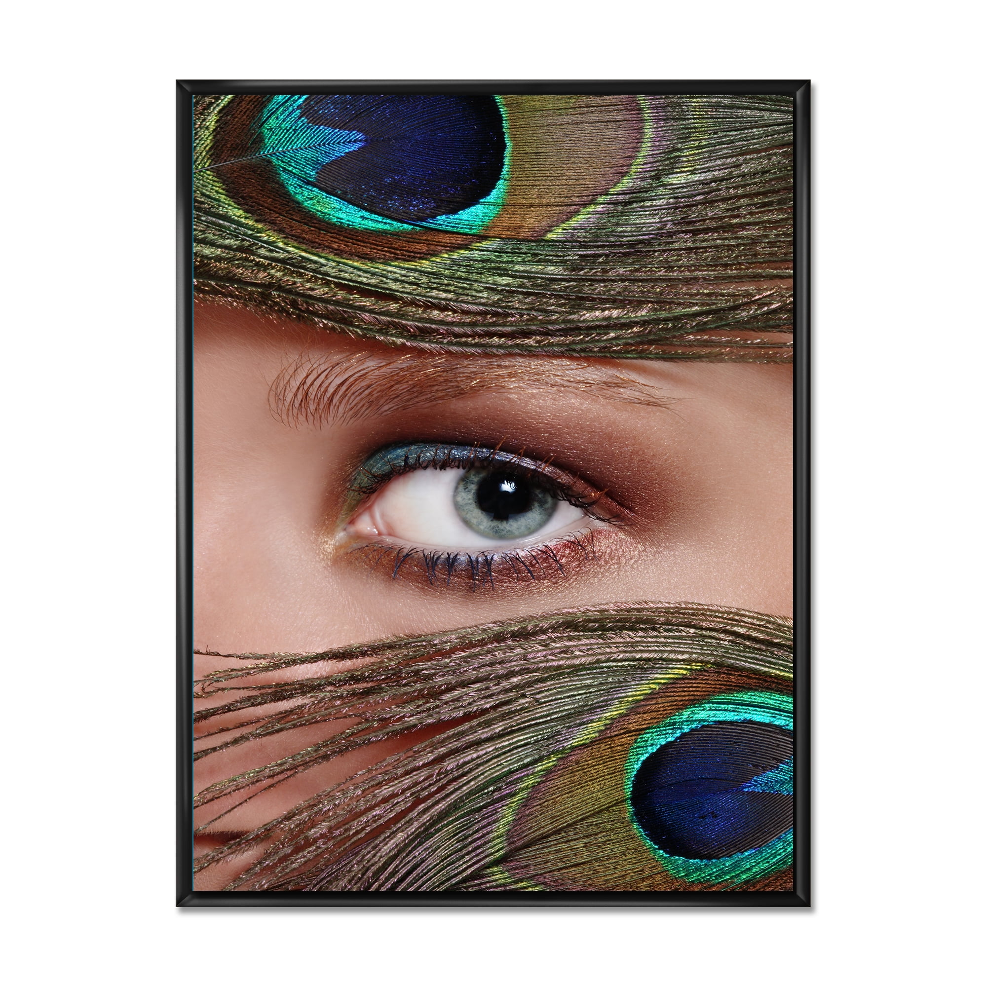 Designart 'Peacock Feathers and Eye' Bohemian & Eclectic Framed Canvas Wall Art Print