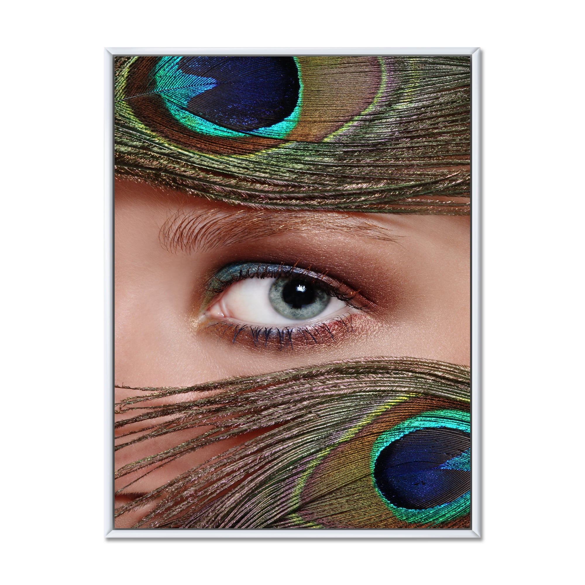 Designart 'Peacock Feathers and Eye' Bohemian & Eclectic Framed Canvas Wall Art Print