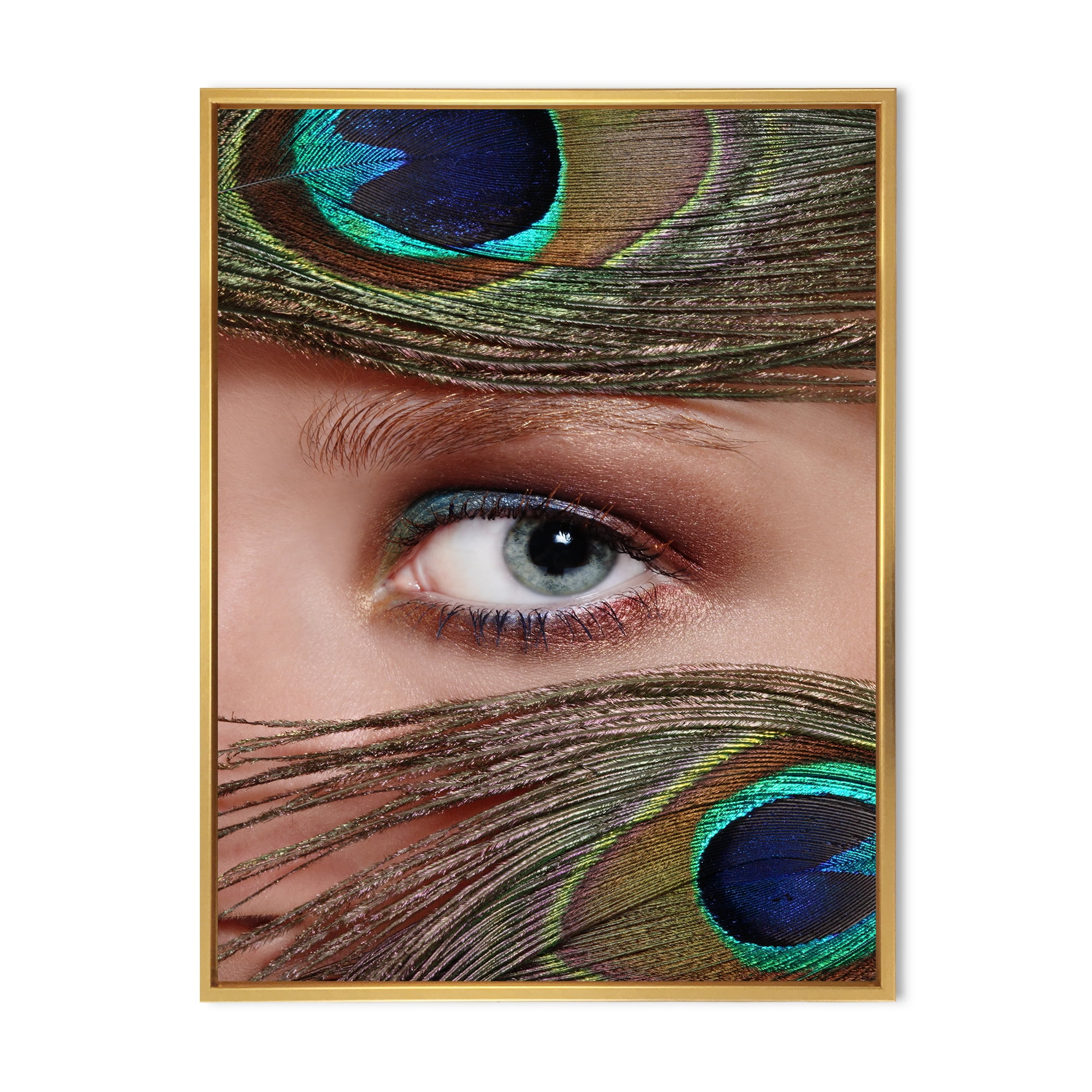Designart 'Peacock Feathers and Eye' Bohemian & Eclectic Framed Canvas Wall Art Print