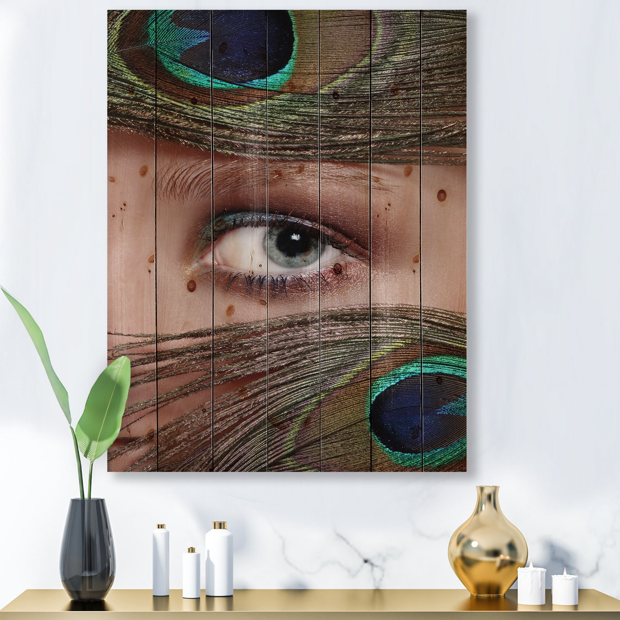 Designart 'Peacock Feathers and Eye' Bohemian & Eclectic Print on Natural Pine Wood