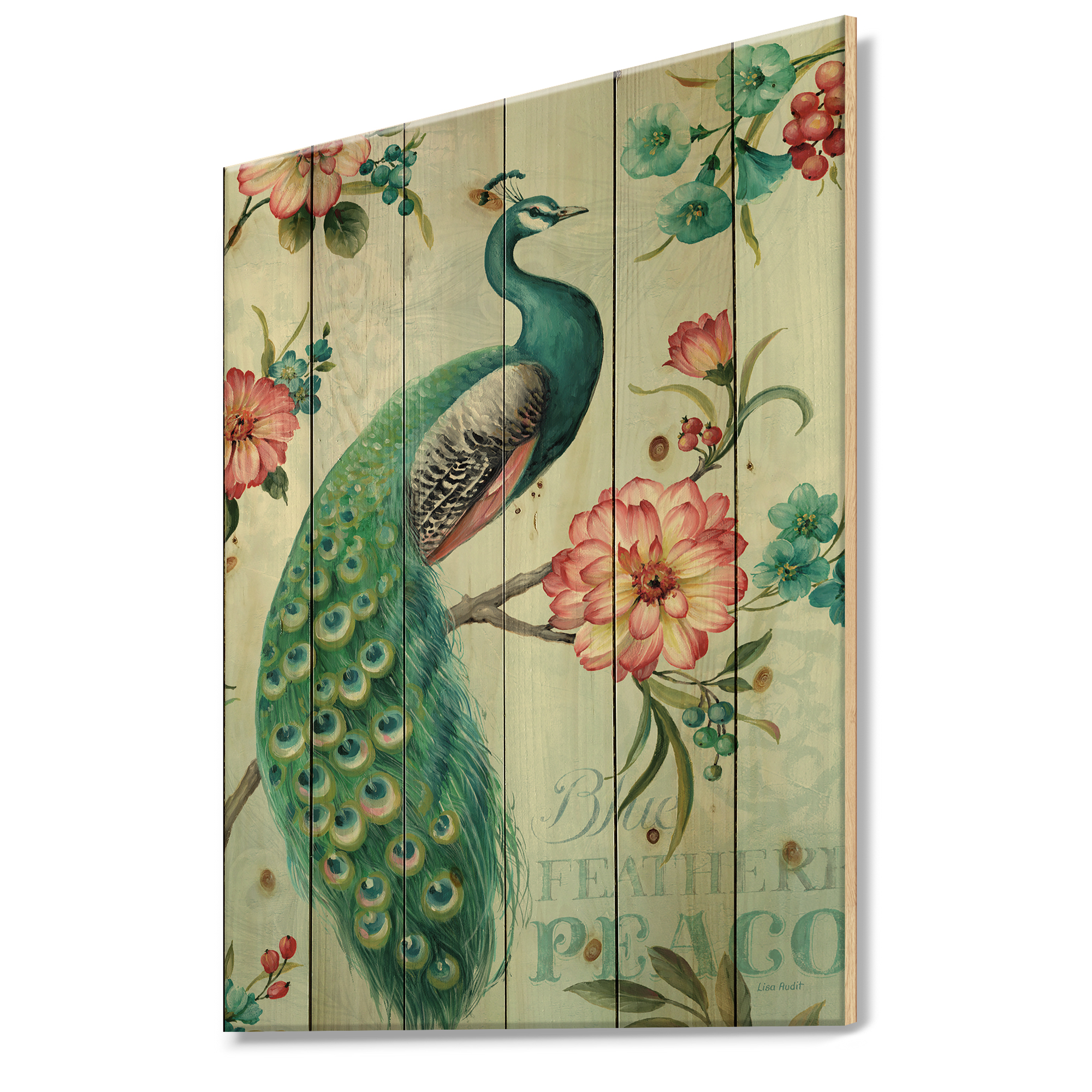 Designart 'Peacock On Flowers Branch' Floral and botanical Print on Natural Pine Wood