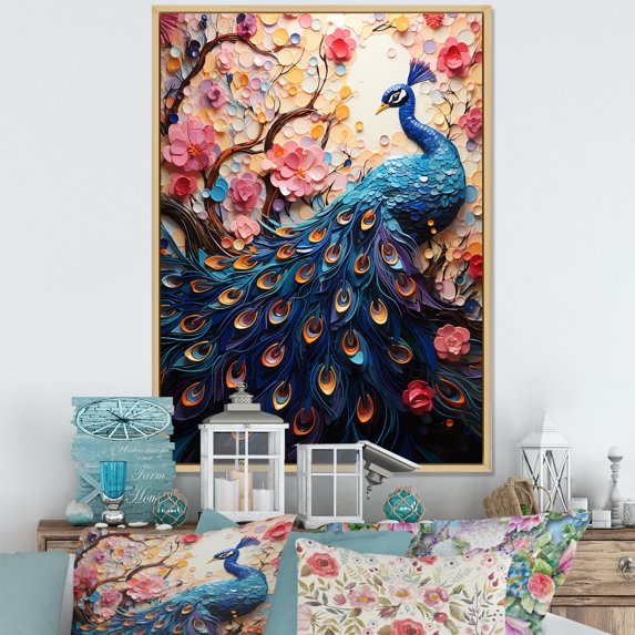 Designart "Peacock'S Colors In The Flowers III" Animals Peacock Floater Framed Canvas Wall Art
