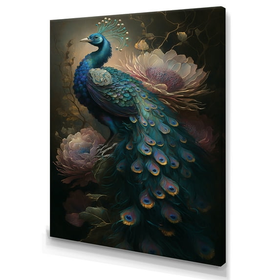 Designart Peacock With Flowers Canvas Wall Art