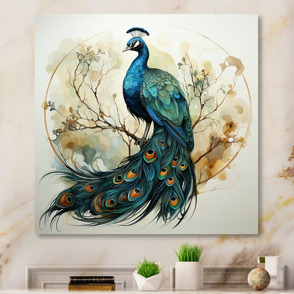 Designart "Peacock in Blue Ink Serene Beauty IV" Animals Canvas Wall Art