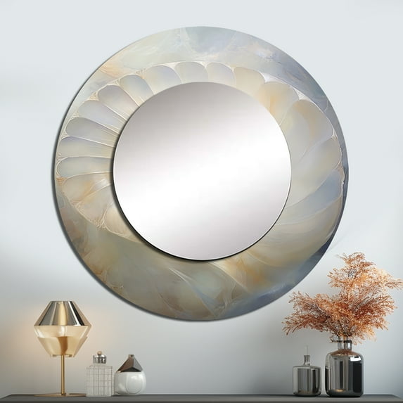 Designart "Pearl Passage In Blue And White Nautilus" Nautilus Rund Mirror For Wall Decor - Large White Round Print Mirror - Round Modern Mirror - Wall Mounted Round Large Mirror - 29" x 29"