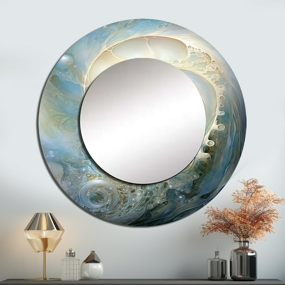Designart "Pearl Passage In Blue And White Nautilus" Nautilus Rund Mirror For Wall Decor - Large White Round Printed Mirror -Modern Round Living Room Mirror - 29" x 29"