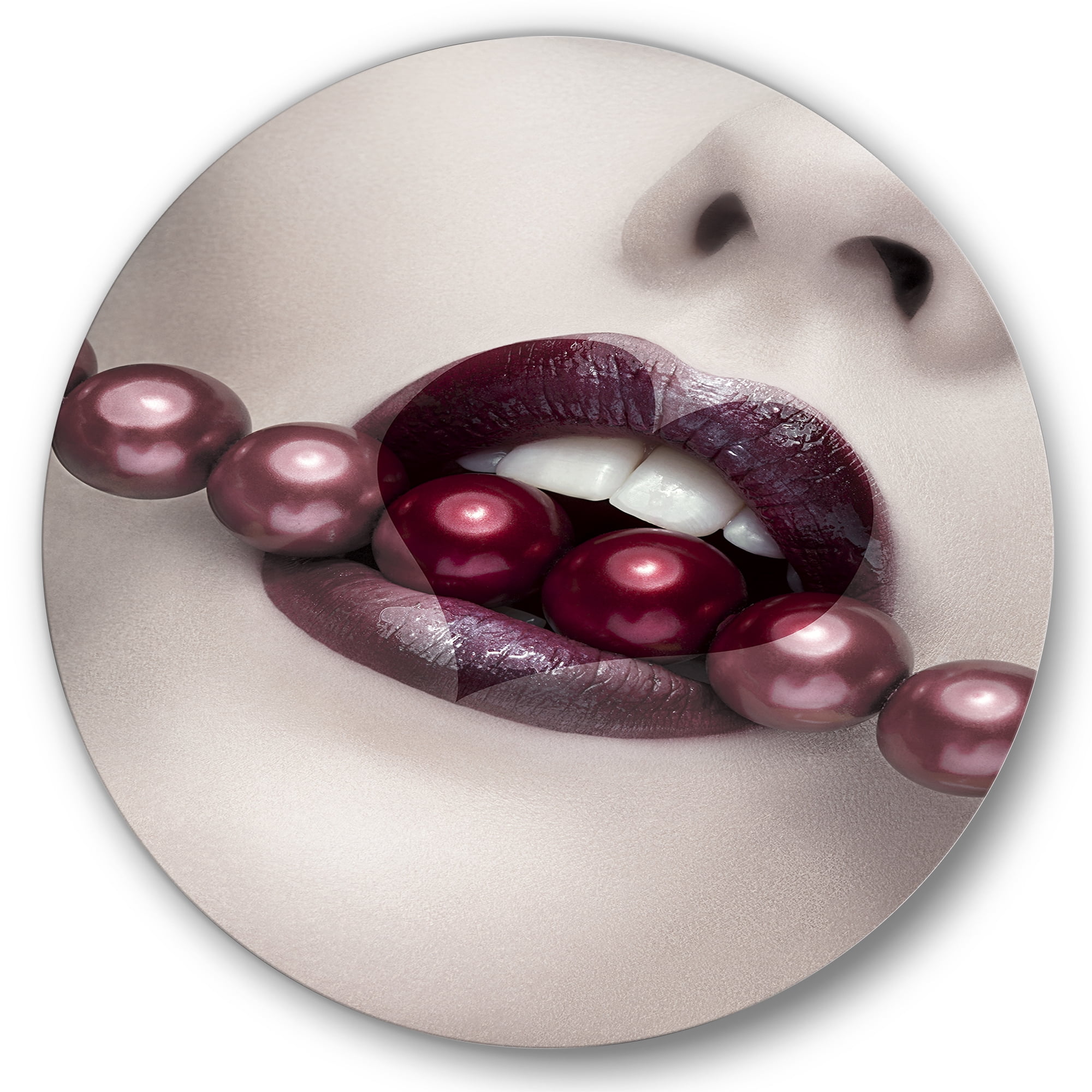 Designart 'Pearls Through Mouth With Heart Shape Lips' Modern Circle Metal Wall Art 29x29 - Disc of 29