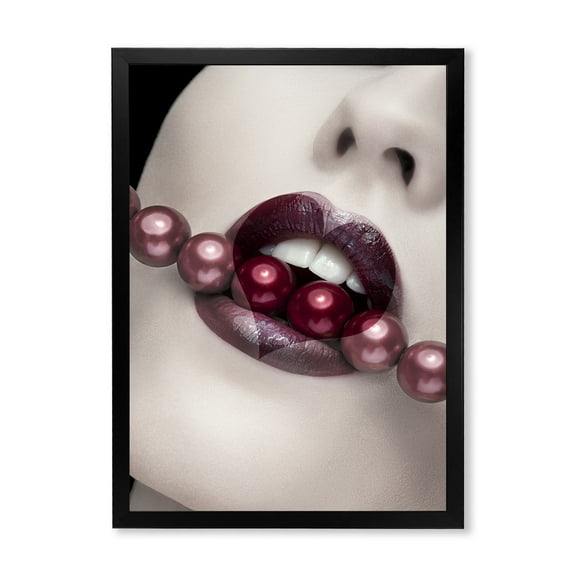 Designart 'Pearls Through Mouth With Heart Shape Lips' Modern Framed Art Print