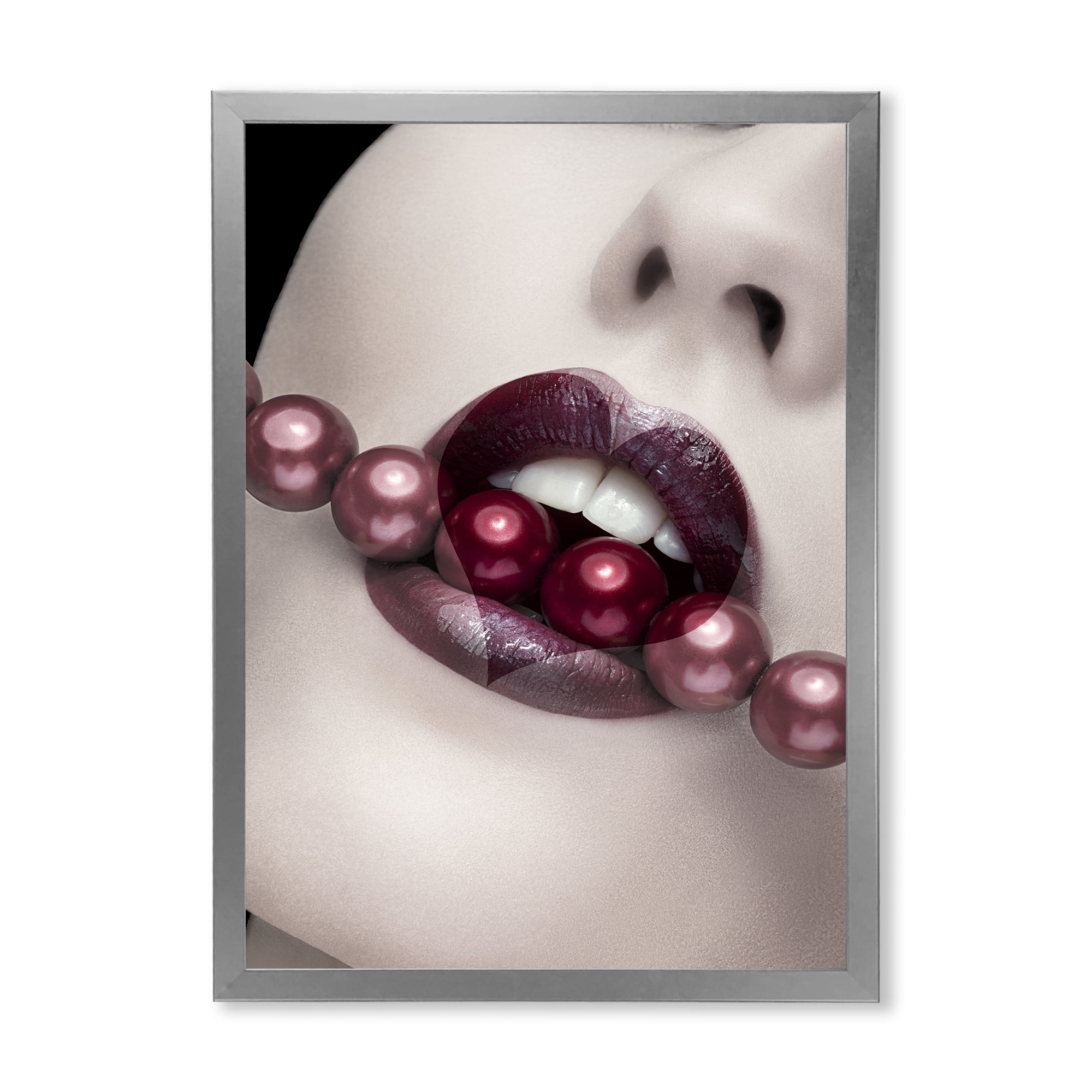 Designart 'Pearls Through Mouth With Heart Shape Lips' Modern Framed Art Print