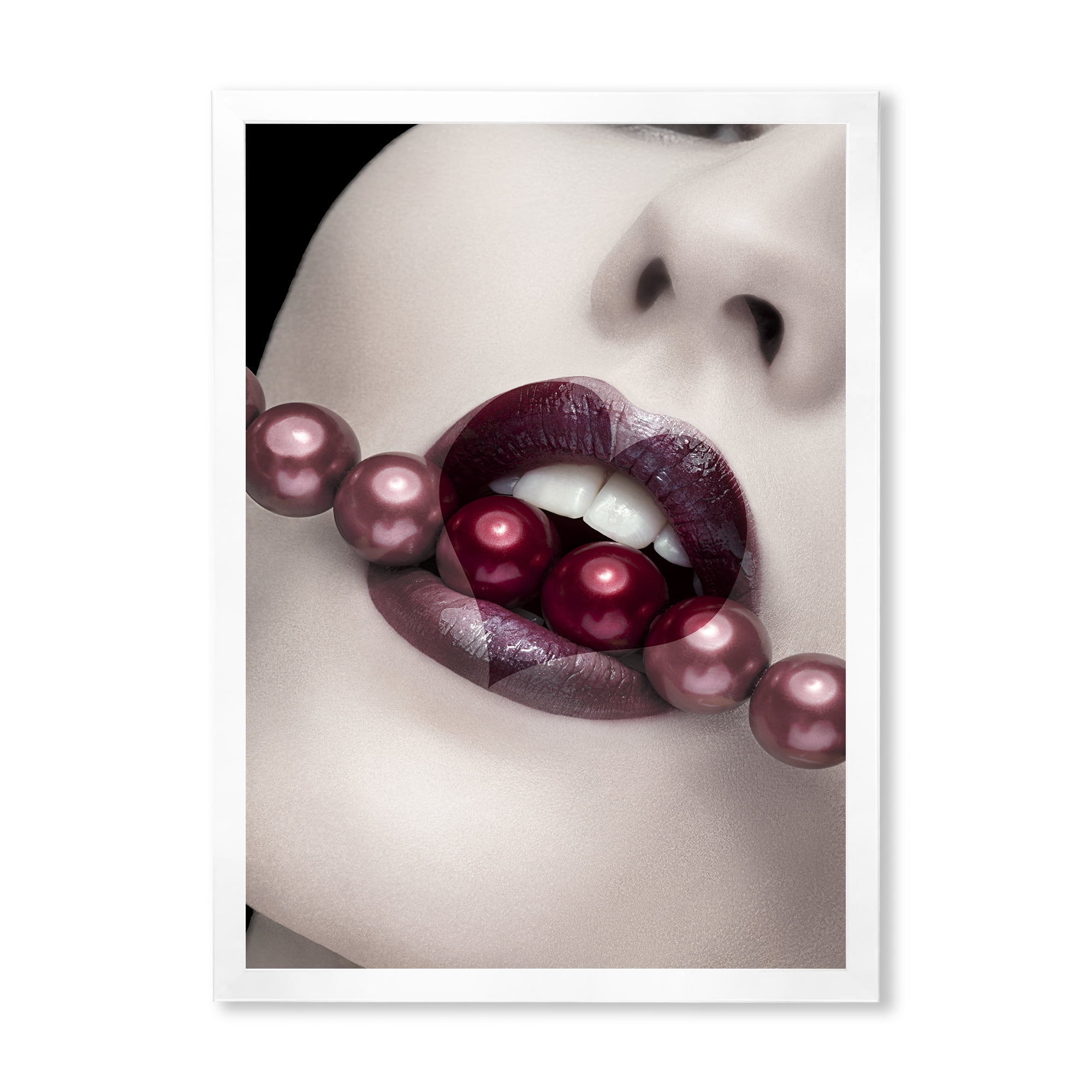 Designart 'Pearls Through Mouth With Heart Shape Lips' Modern Framed Art Print