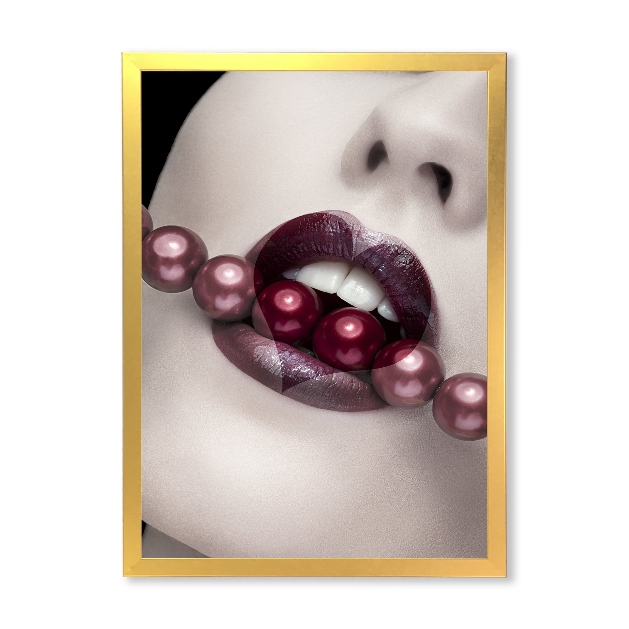 Designart 'Pearls Through Mouth With Heart Shape Lips' Modern Framed Art Print