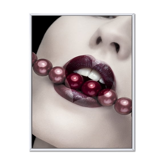 Designart 'Pearls Through Mouth With Heart Shape Lips' Modern Framed Canvas Wall Art Print