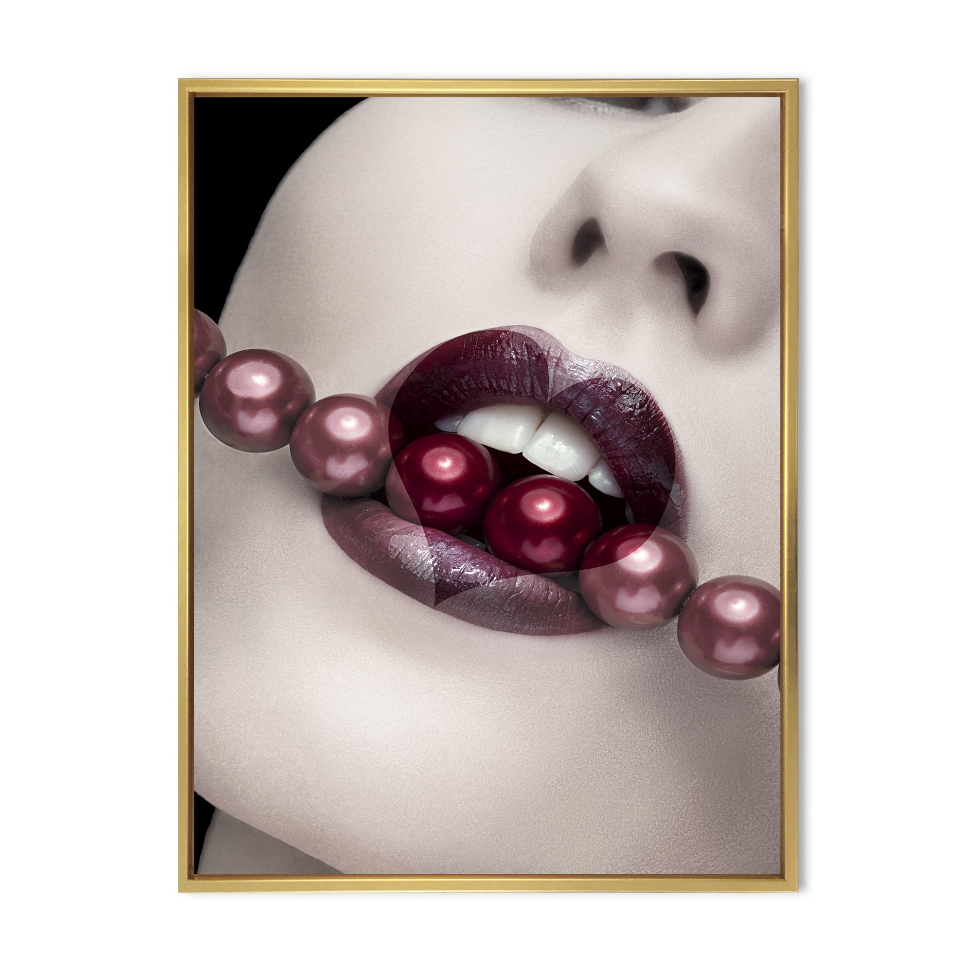 Designart 'Pearls Through Mouth With Heart Shape Lips' Modern Framed Canvas Wall Art Print