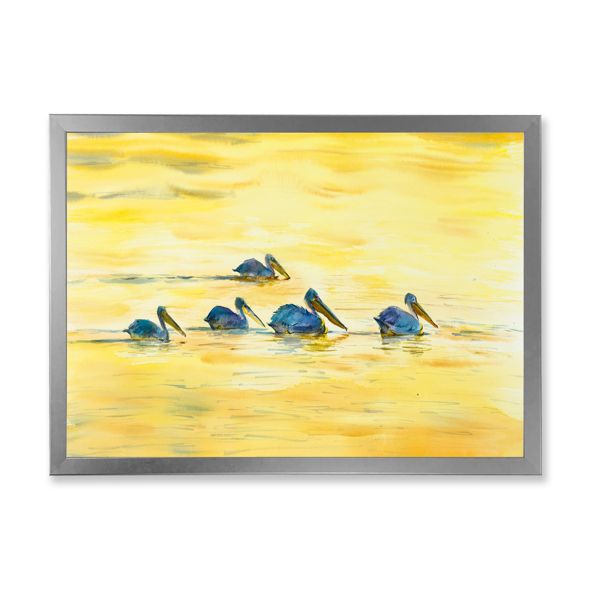 Designart 'Pelicans Birds On The Yellow River' Farmhouse Framed Art Print
