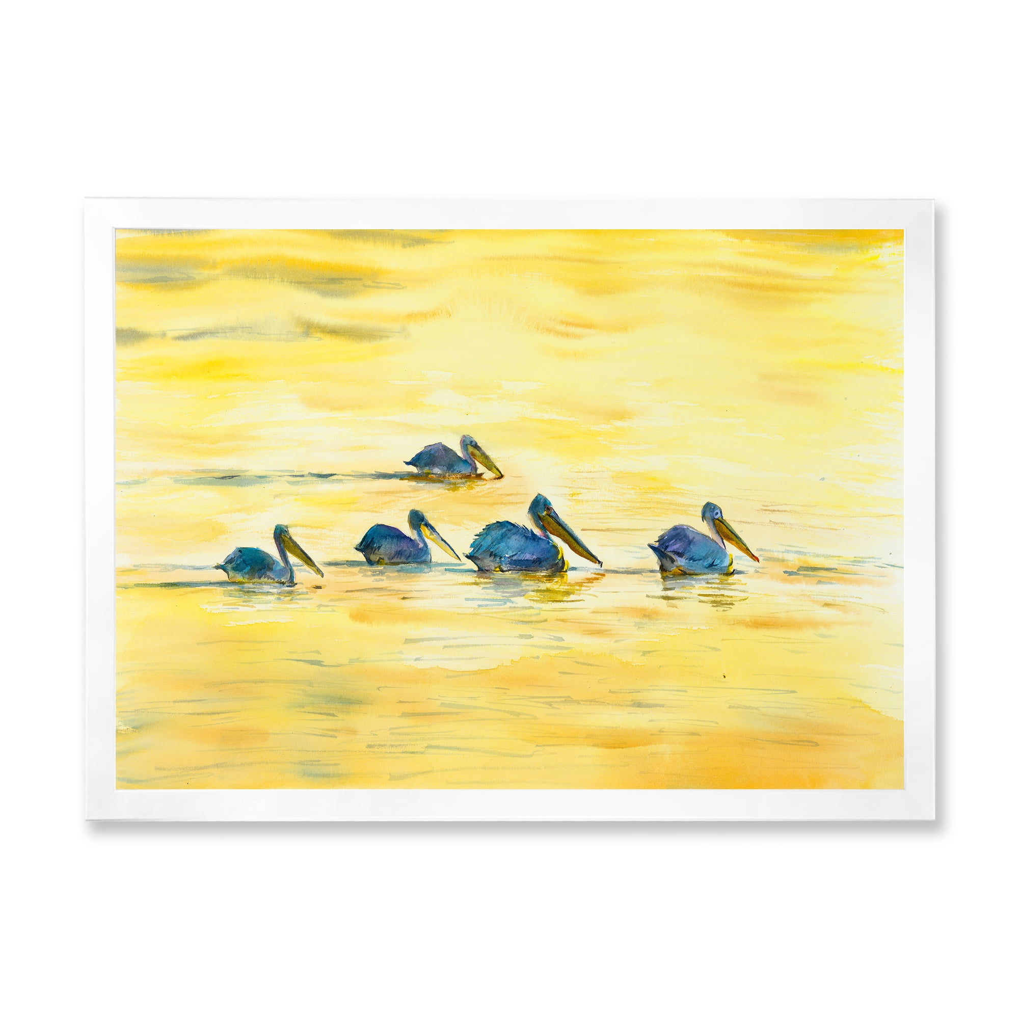 Designart 'Pelicans Birds On The Yellow River' Farmhouse Framed Art Print