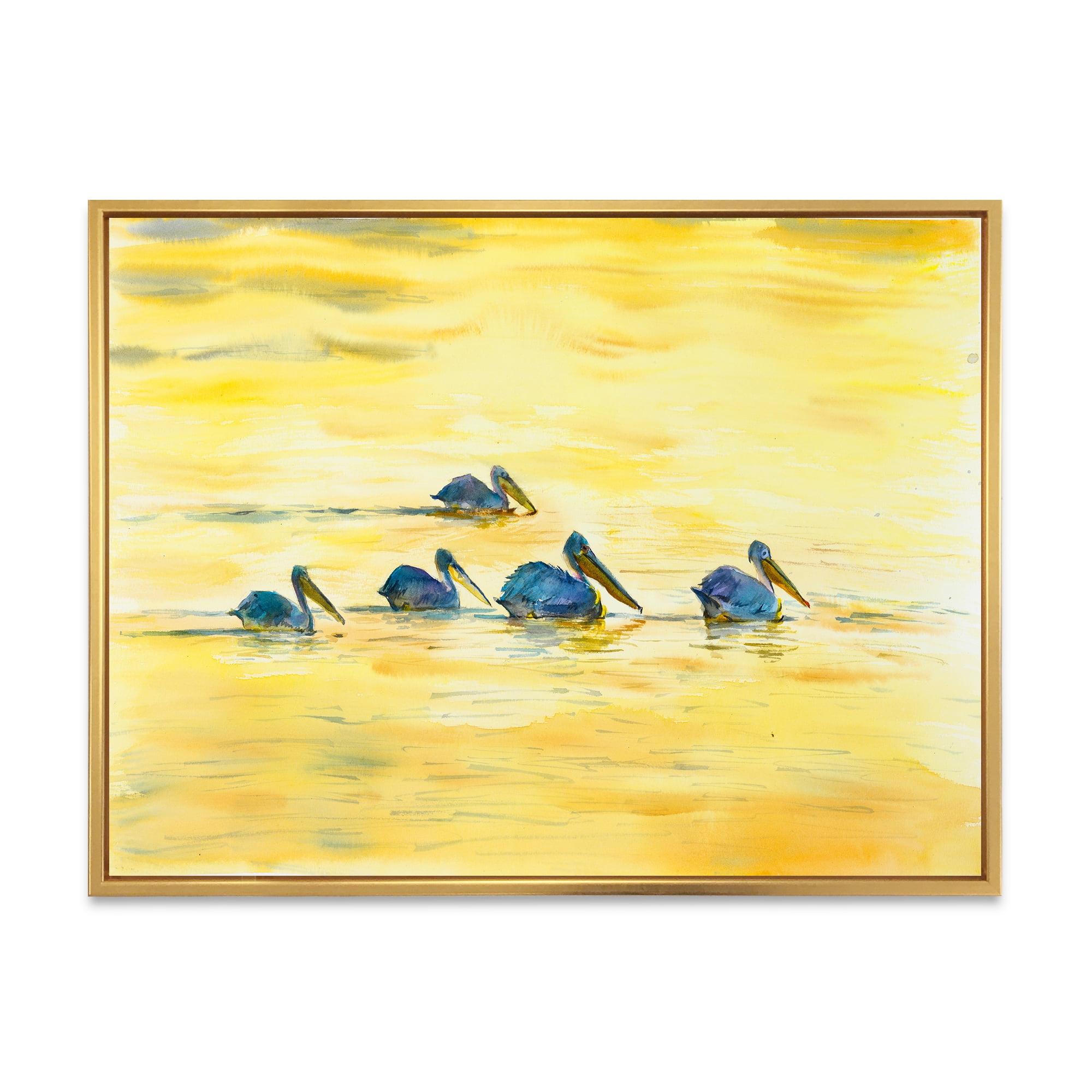 Designart 'Pelicans Birds On The Yellow River' Farmhouse Framed Canvas Wall Art Print