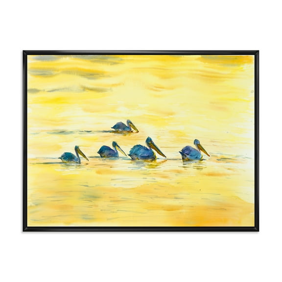 Designart 'Pelicans Birds On The Yellow River' Farmhouse Framed Canvas Wall Art Print