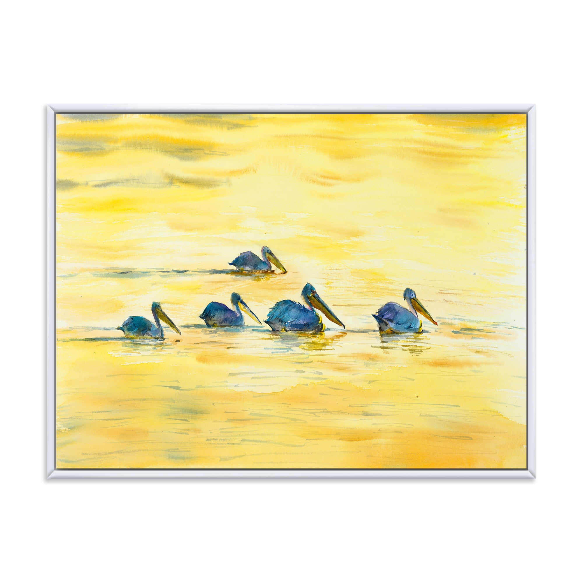 Designart 'Pelicans Birds On The Yellow River' Farmhouse Framed Canvas Wall Art Print