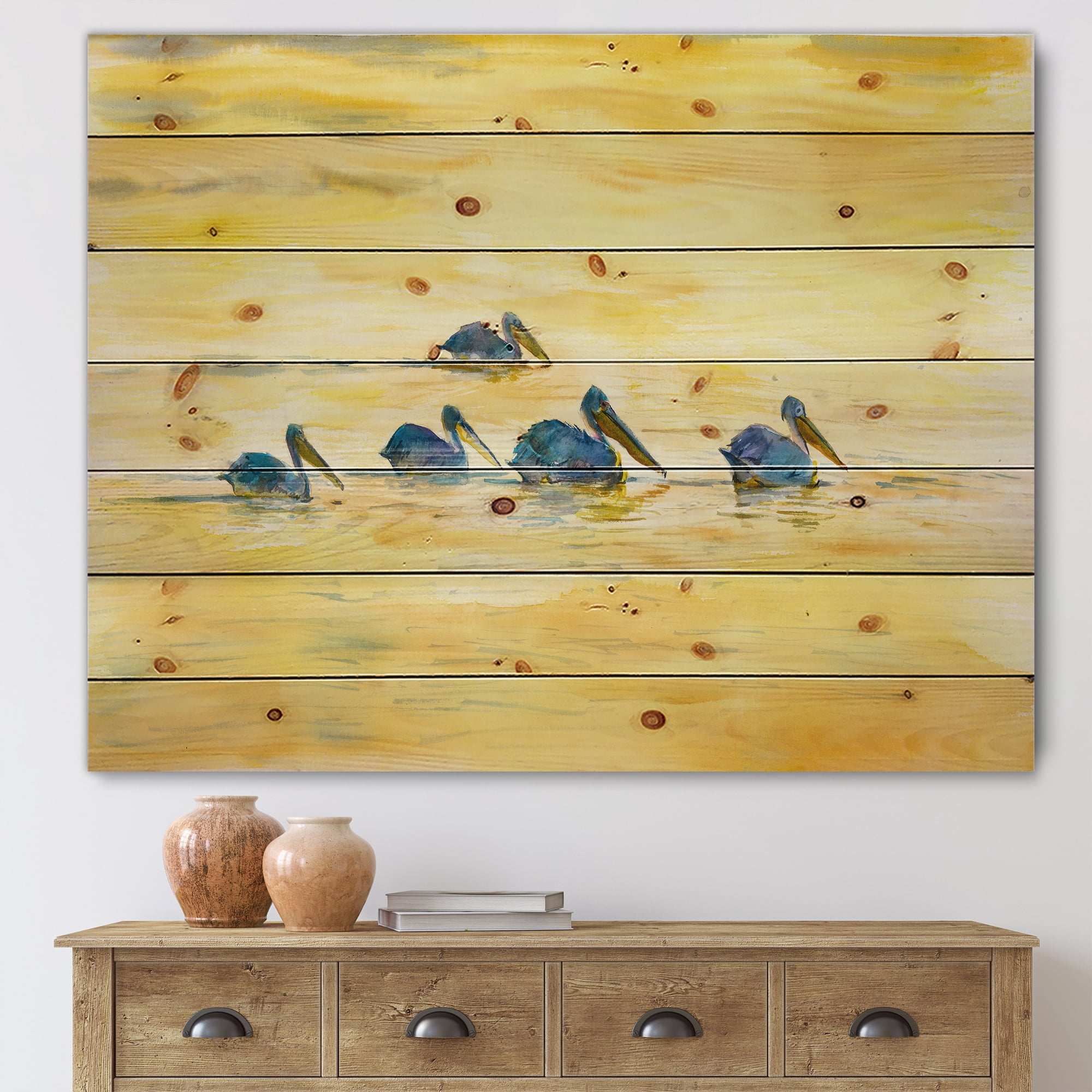 Designart 'Pelicans Birds On The Yellow River' Farmhouse Print on Natural Pine Wood