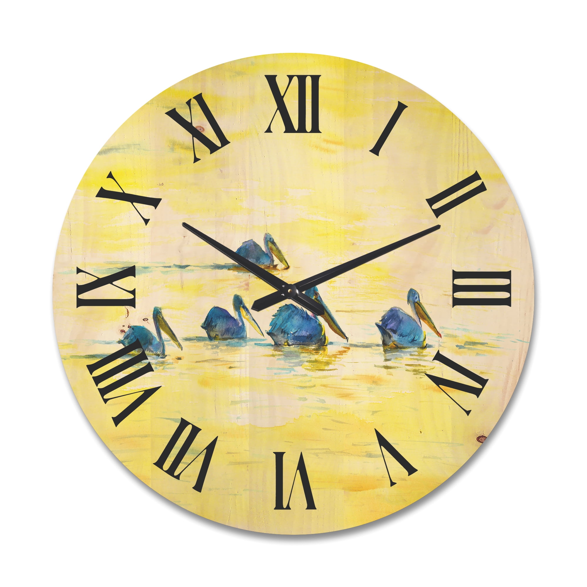 Designart 'Pelicans Birds On The Yellow River' Farmhouse Wood Wall Clock