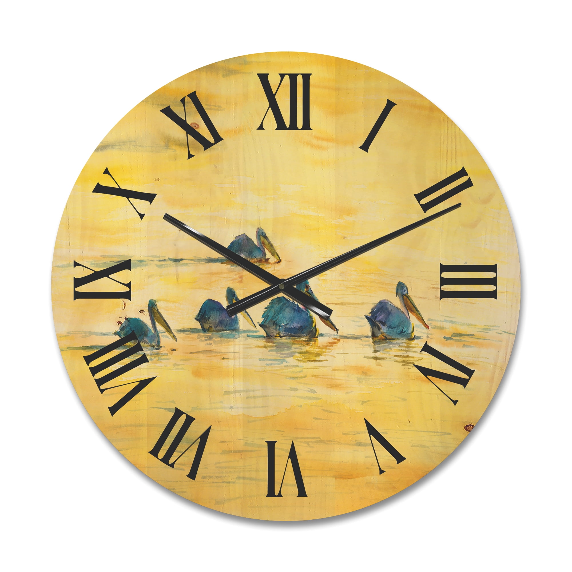 Designart 'Pelicans Birds On The Yellow River' Farmhouse Wood Wall Clock