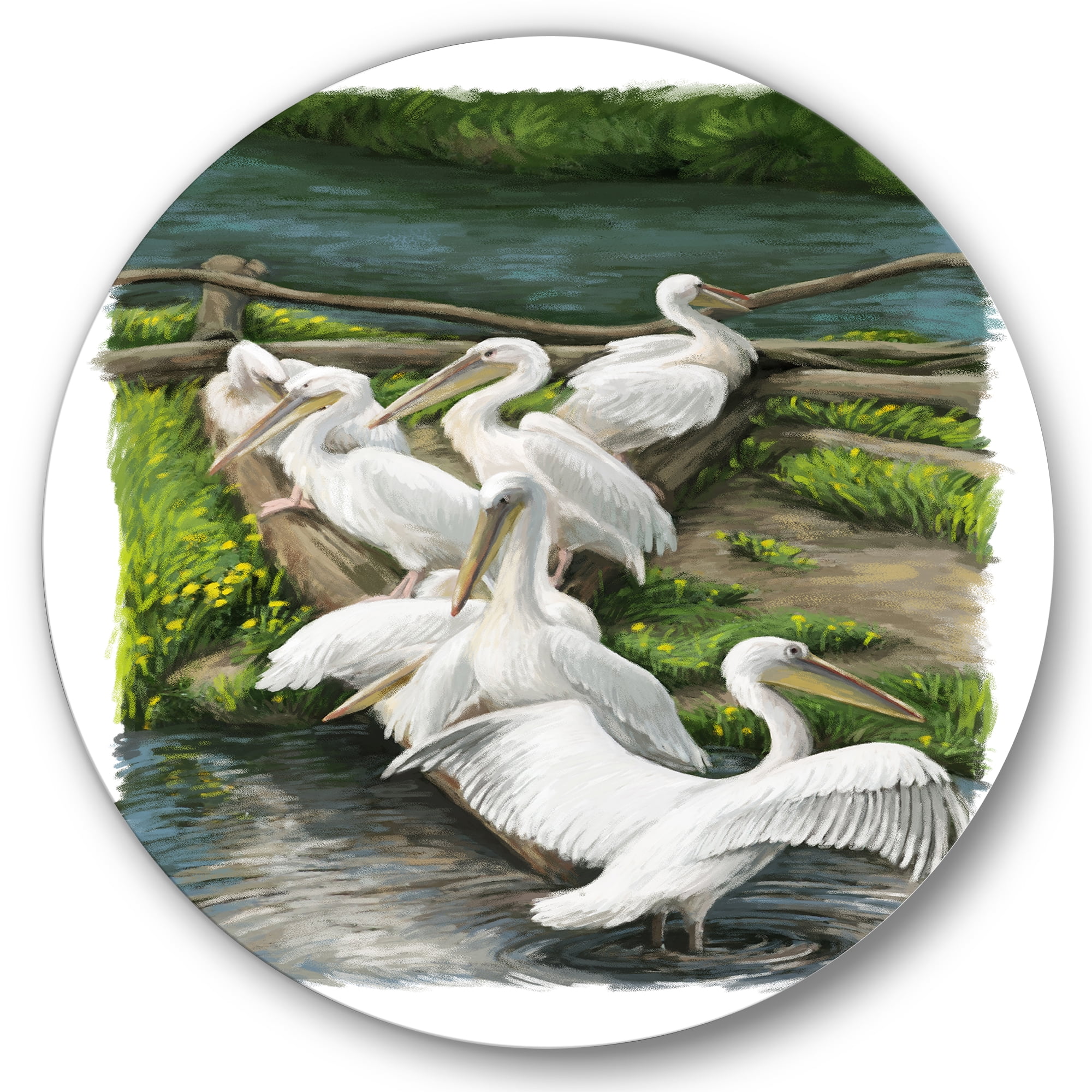 Designart 'Pelicans Resting Near The river Water' Traditional Circle Metal Wall Art 29x29 - Disc of 29