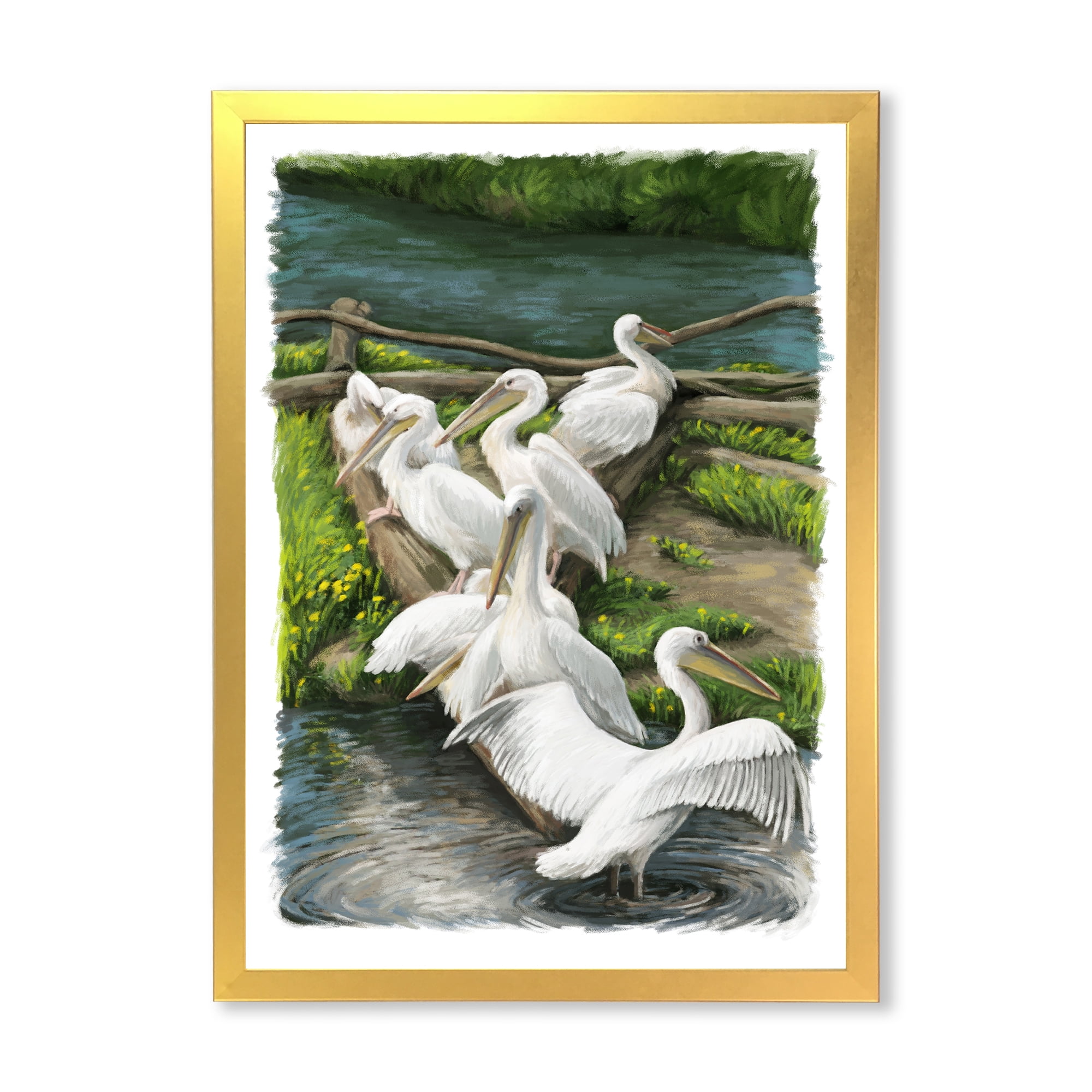 Designart 'Pelicans Resting Near The river Water' Traditional Framed Art Print