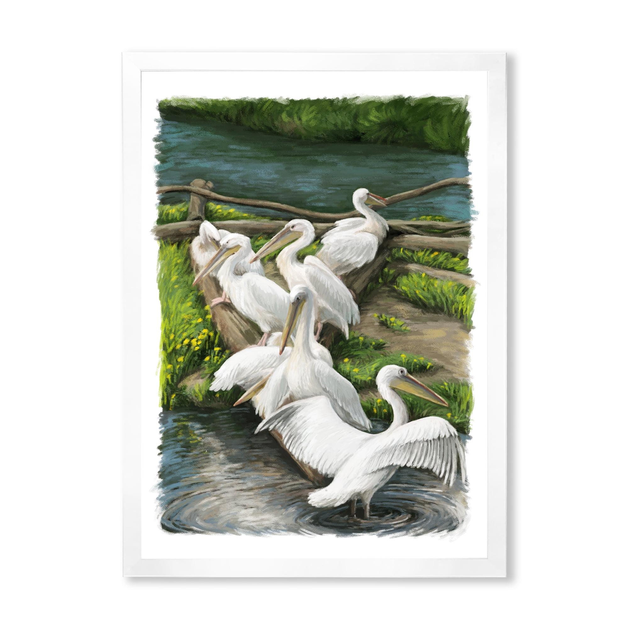 Designart 'Pelicans Resting Near The river Water' Traditional Framed Art Print