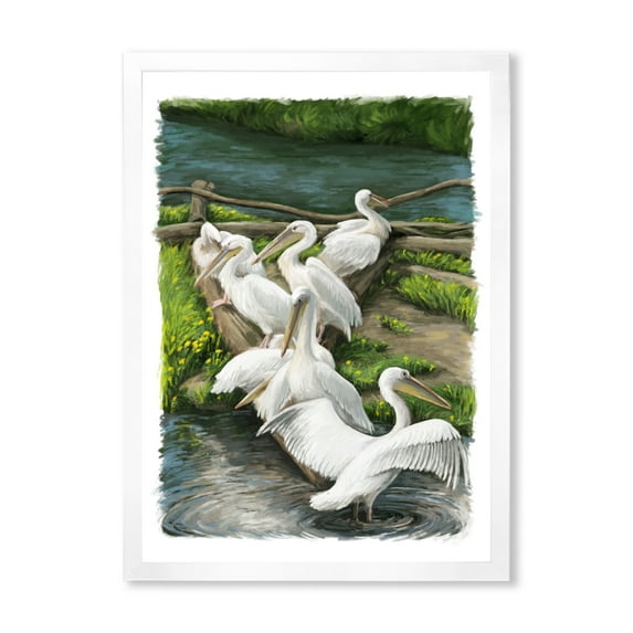 Designart 'Pelicans Resting Near The river Water' Traditional Framed Art Print